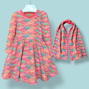 Oilily Organic Cotton Puff Sleeve Logo Dress and Scarf, Size 104 (4T), Orange